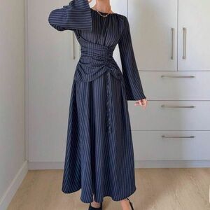 Modest Navy Pinstripe Maxi Dress | Long Sleeve Ruched Waist A-Line Dress